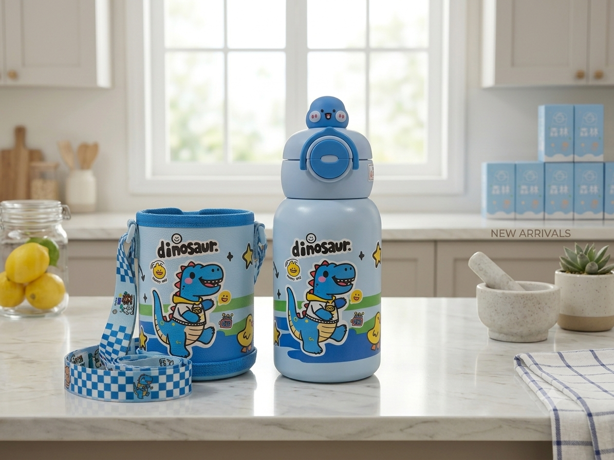 Cute Animal Character Water Bottles with Carrying Pouch and Straps