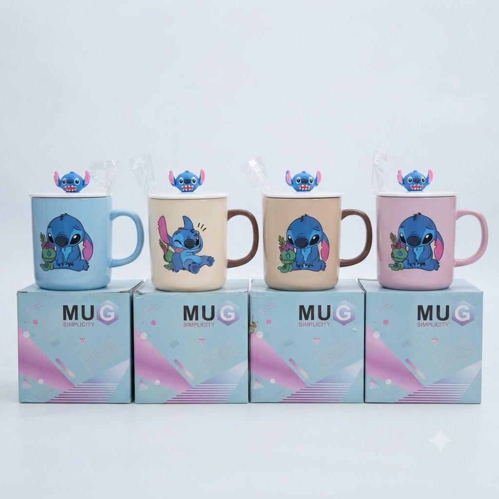 Stitch Ceramic Mug Set with 3D Lid & Spoon (Mug Simplicity Edition)