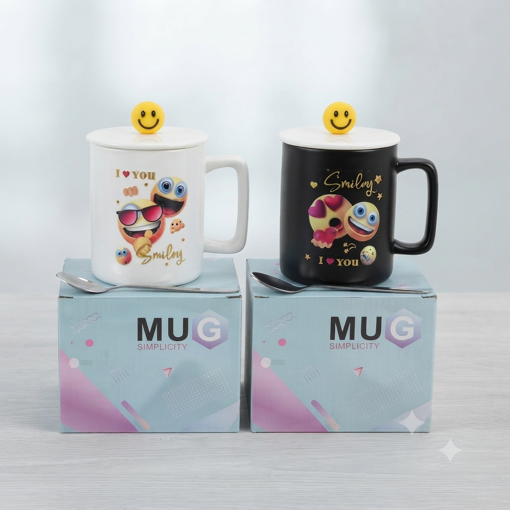 Smiley Emoji Ceramic Mug Set with Lid & Spoon