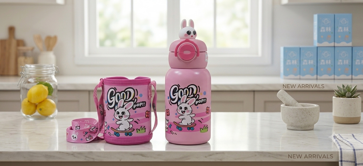 Cute Animal Character Water Bottles with Carrying Pouch and Straps