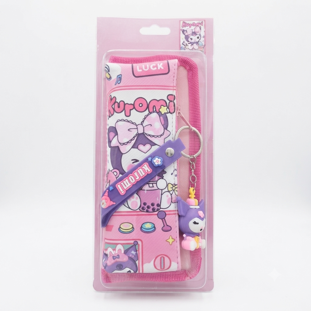 Kuromi Pencil Case with Cute Keychain (Pink)